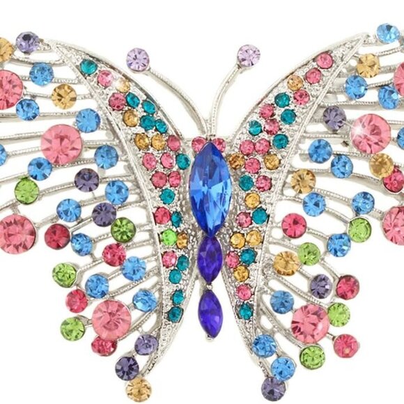 Swallowtail Butterfly Brooch Multicolor Austrian Crystal Silver-Tone - Picture 1 of 5